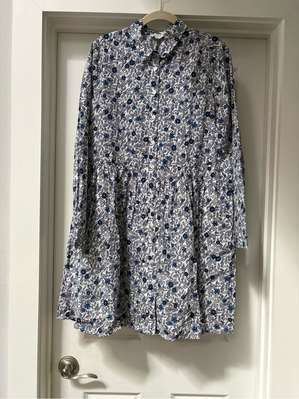 J. Crew Navy and White Long-Sleeve Floral Shirt Dress